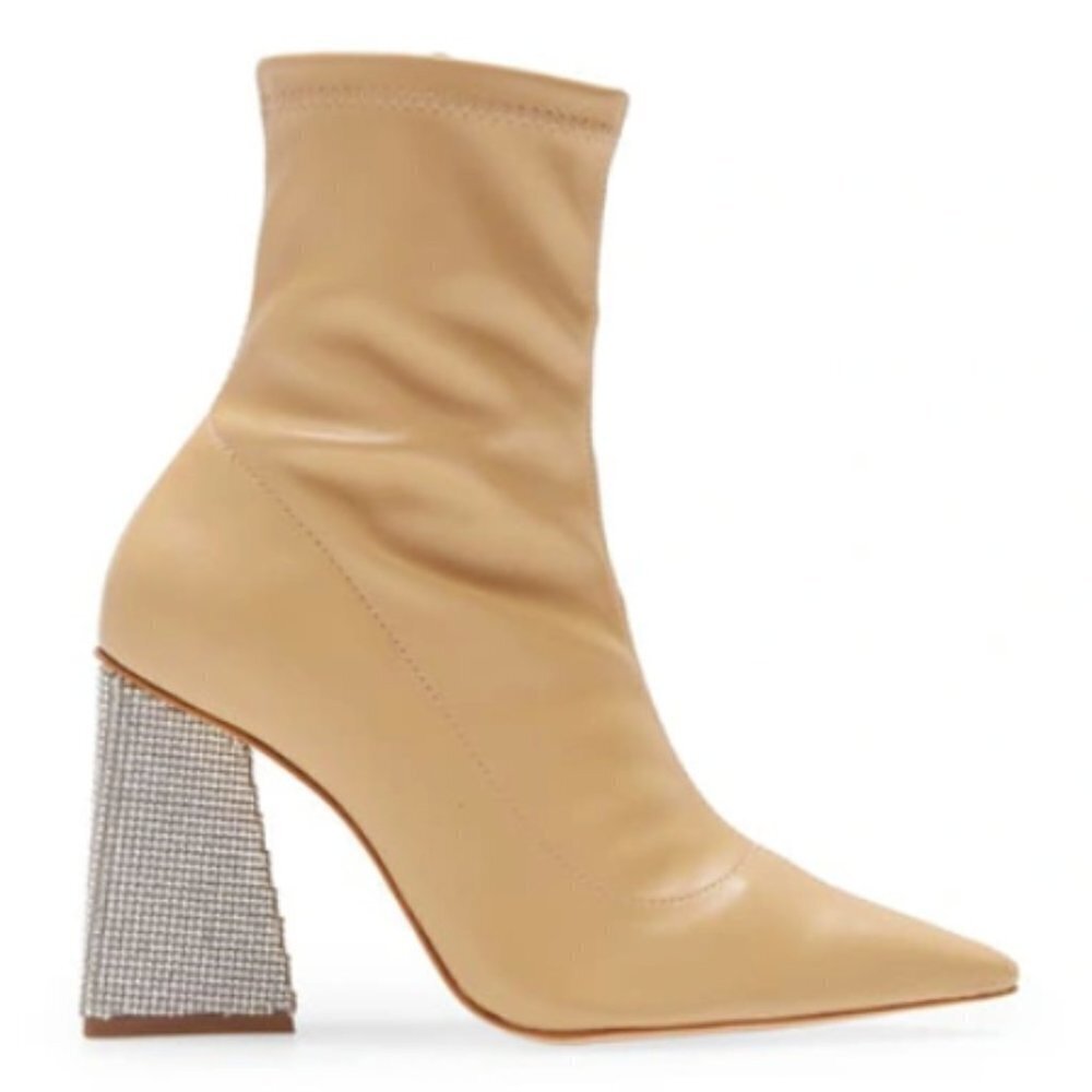 Schutz Cyrus Napa Soft Light Nude Pointed Toe Rhinestone Heel Booties